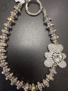 New 🩵 Silver Crystal Teddy Charm/Keychain/Bracelet W/Aurora Rhinestones